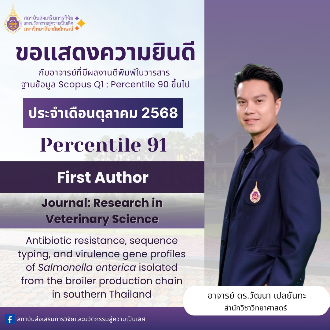 ขอแสดงความยินดีกับ อาจารย์ ดร.วัฒนา เปลยันทะ กับผลงานตีพิมพ์ในวารสาร ฐาน SCOPUS ที่มีค่า Percentile 91